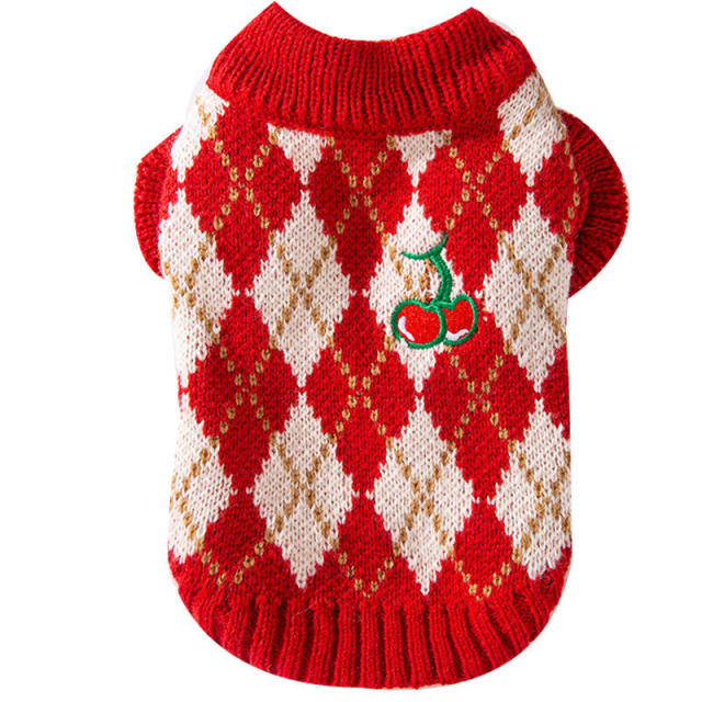 OEM ODM Red Argyle Pet Sweater with Cherry Embroidery