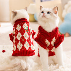 OEM ODM Red Argyle Pet Sweater with Cherry Embroidery