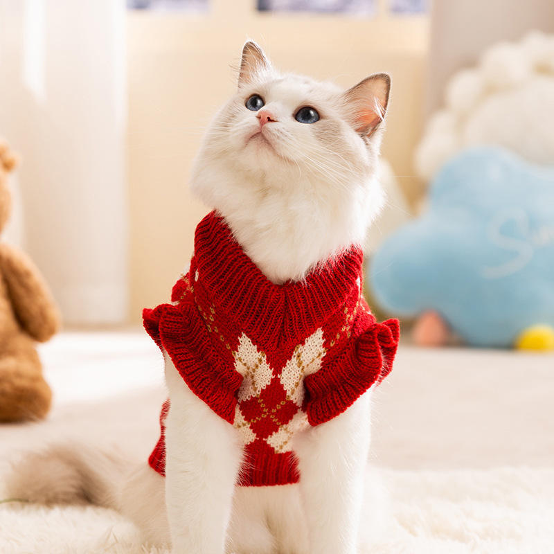 OEM ODM Red Argyle Pet Sweater with Cherry Embroidery