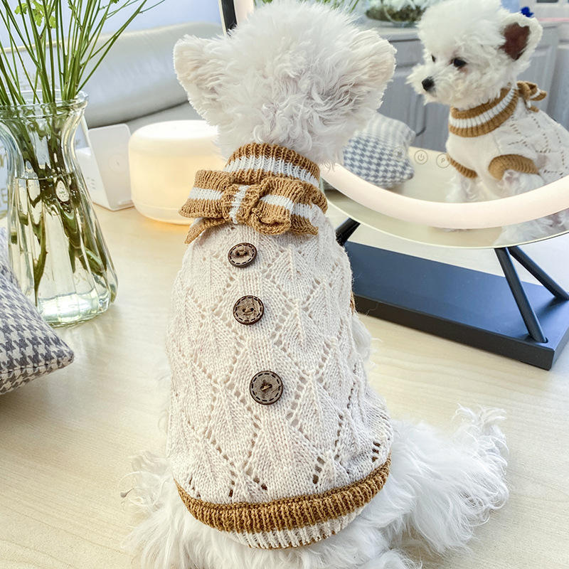 OEM ODM Vintage Knit Dog Sweater with Blue Bow – Elegant Cream Pet Pullover for Small Dogs
