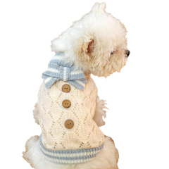 OEM ODM Vintage Knit Dog Sweater with Blue Bow – Elegant Cream Pet Pullover for Small Dogs