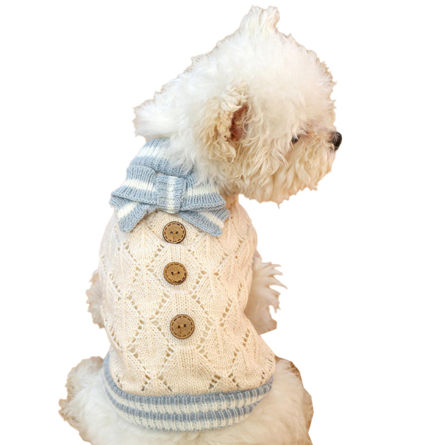OEM ODM Vintage Knit Dog Sweater with Blue Bow – Elegant Cream Pet Pullover for Small Dogs