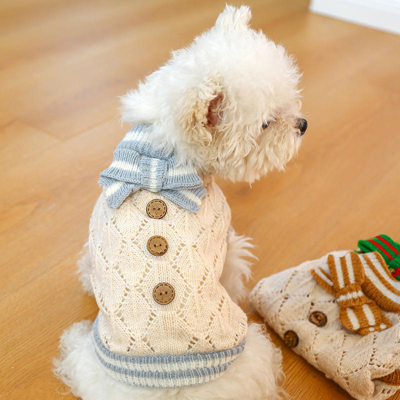 OEM ODM Vintage Knit Dog Sweater with Blue Bow – Elegant Cream Pet Pullover for Small Dogs