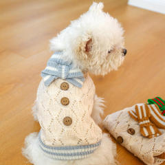 OEM ODM Vintage Knit Dog Sweater with Blue Bow – Elegant Cream Pet Pullover for Small Dogs