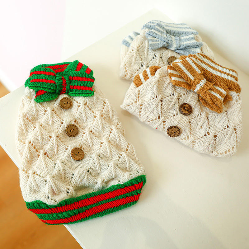OEM ODM Vintage Knit Dog Sweater with Blue Bow – Elegant Cream Pet Pullover for Small Dogs
