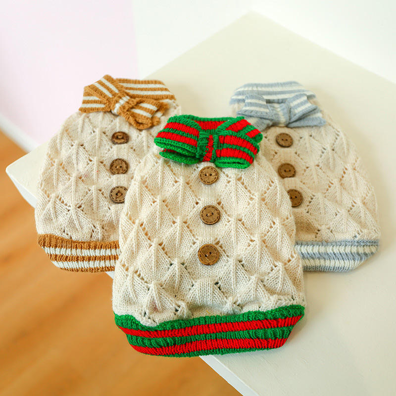 OEM ODM Vintage Knit Dog Sweater with Blue Bow – Elegant Cream Pet Pullover for Small Dogs