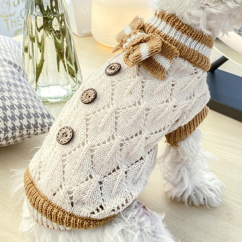 OEM ODM Vintage Knit Dog Sweater with Blue Bow – Elegant Cream Pet Pullover for Small Dogs