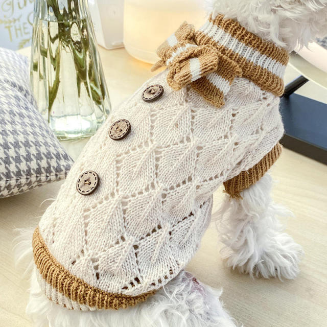 OEM ODM Vintage Knit Dog Sweater with Blue Bow – Elegant Cream Pet Pullover for Small Dogs
