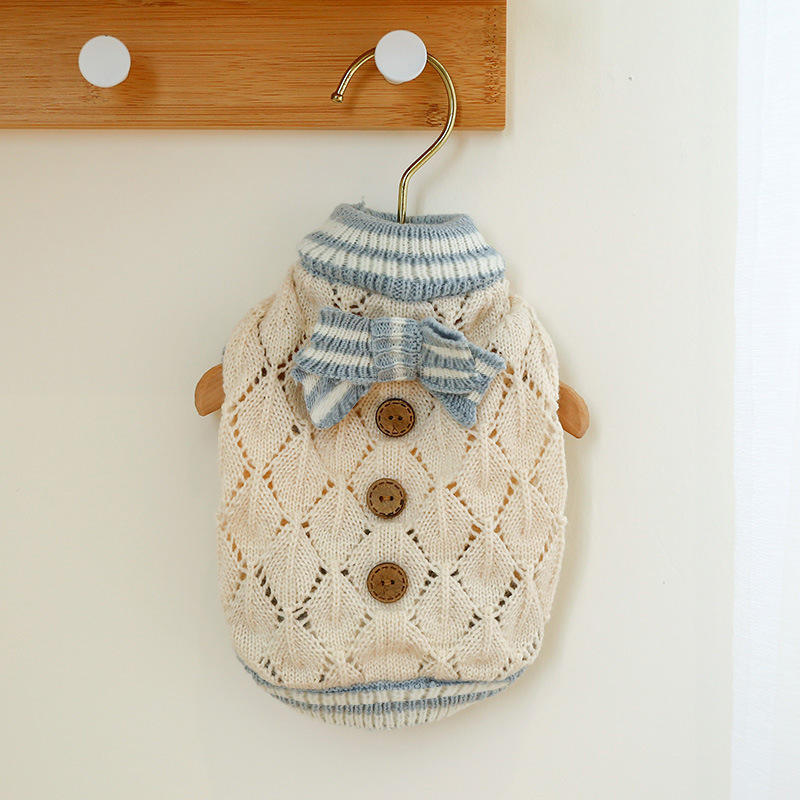 OEM ODM Vintage Knit Dog Sweater with Blue Bow – Elegant Cream Pet Pullover for Small Dogs