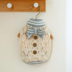 OEM ODM Vintage Knit Dog Sweater with Blue Bow – Elegant Cream Pet Pullover for Small Dogs