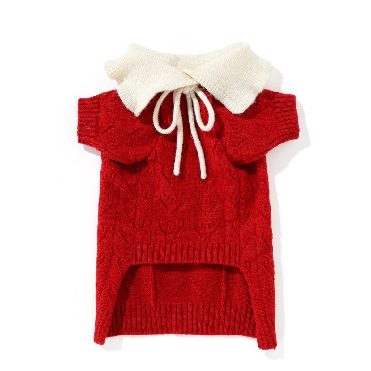Customized Red Knit Dog Sweater with Cream Collar – Cozy Winter Pullover for Small Dogs