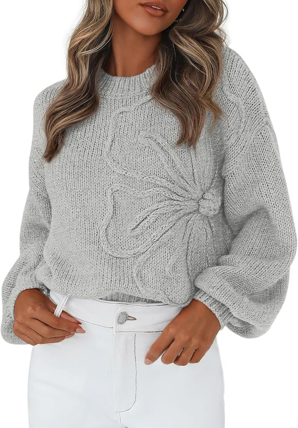 Made-to-order Women’s Gray Chunky Knit Sweater with 3D Floral Design – Cozy Winter Pullover