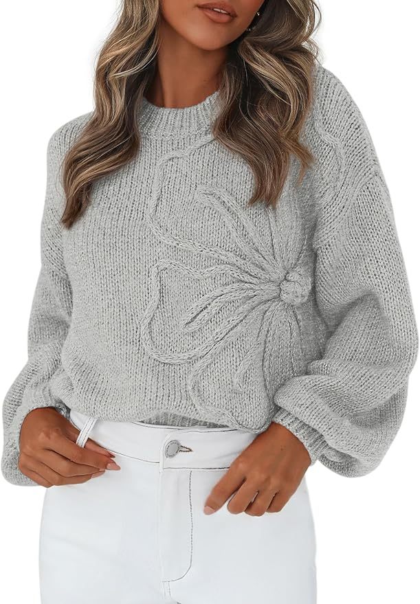 Made-to-order Women’s Gray Chunky Knit Sweater with 3D Floral Design – Cozy Winter Pullover