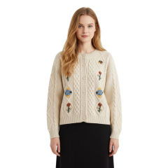 Wholesale Women’s Brown Cable Knit Cardigan with Floral Embroidery – Vintage-Inspired Button-Up Sweate