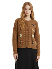 Wholesale Women’s Brown Cable Knit Cardigan with Floral Embroidery – Vintage-Inspired Button-Up Sweate