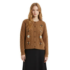 Wholesale Women’s Brown Cable Knit Cardigan with Floral Embroidery – Vintage-Inspired Button-Up Sweate