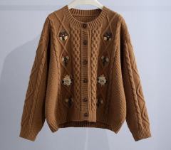 Wholesale Women’s Brown Cable Knit Cardigan with Floral Embroidery – Vintage-Inspired Button-Up Sweate