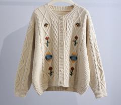 Wholesale Women’s Brown Cable Knit Cardigan with Floral Embroidery – Vintage-Inspired Button-Up Sweate