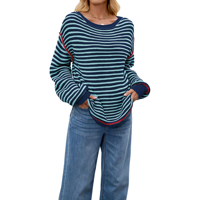 Factory Direct Women’s Black and Beige Striped Knit Sweater – Casual Loose Fit Pullover