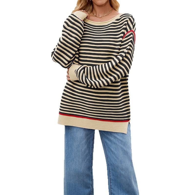 Factory Direct Women’s Black and Beige Striped Knit Sweater – Casual Loose Fit Pullover