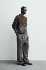 Customized Men’s Argyle Wool Sweater – Classic Brown and Gray Knit Pullover