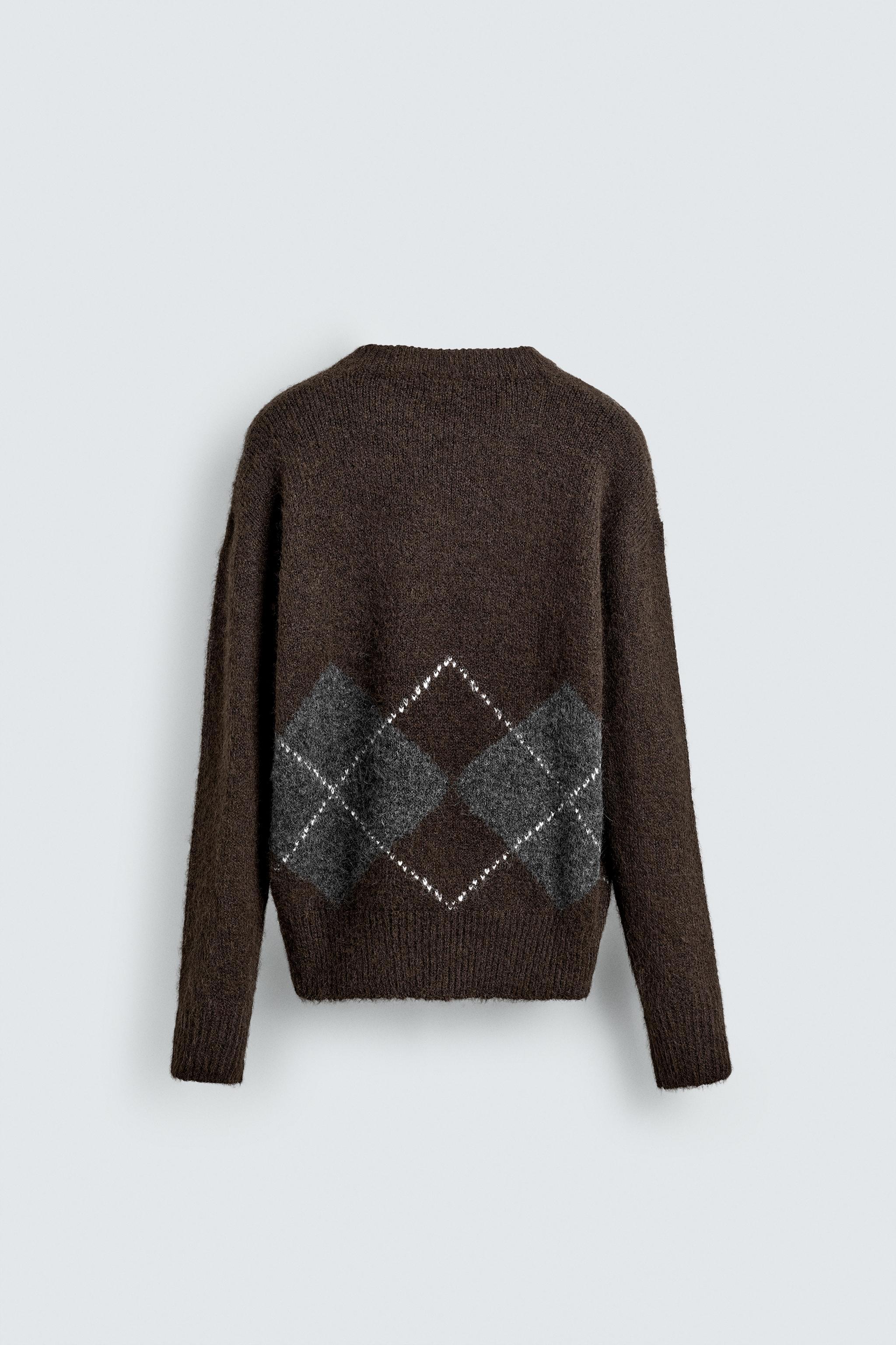 Customized Men’s Argyle Wool Sweater – Classic Brown and Gray Knit Pullover