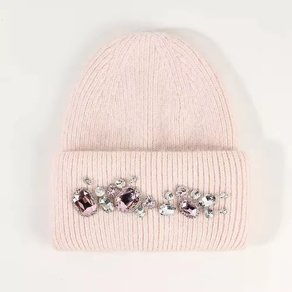 Customized Crystal-Embellished Knit Beanie Hat for Women – Winter Fashion Warm Hat