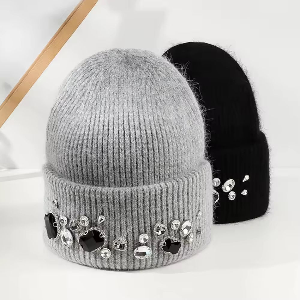 Customized Crystal-Embellished Knit Beanie Hat for Women – Winter Fashion Warm Hat