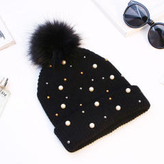 Customized Pearl-Embellished Knit Beanie with Faux Fur Pom Pom – Winter Warm Hat for Women