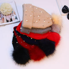 Customized Pearl-Embellished Knit Beanie with Faux Fur Pom Pom – Winter Warm Hat for Women