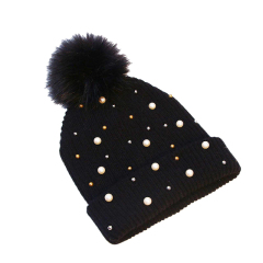 Customized Pearl-Embellished Knit Beanie with Faux Fur Pom Pom – Winter Warm Hat for Women