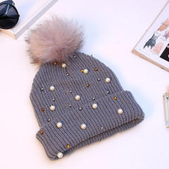 Customized Pearl-Embellished Knit Beanie with Faux Fur Pom Pom – Winter Warm Hat for Women