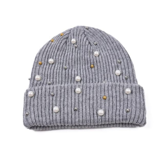 Personalized Women’s Pearl Embellished Knit Beanie Hat – Soft Winter Warm Hat in Multiple Colors