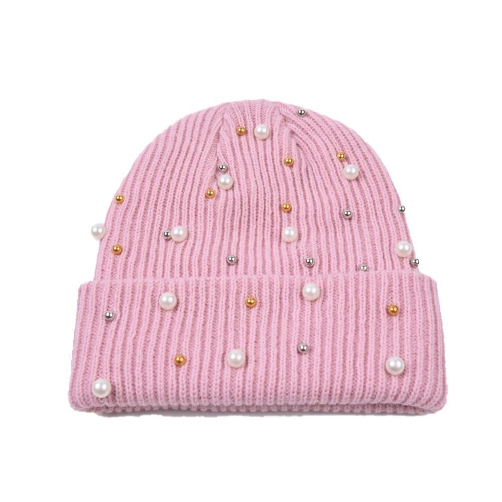 Personalized Women’s Pearl Embellished Knit Beanie Hat – Soft Winter Warm Hat in Multiple Colors