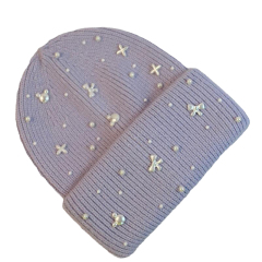 Wholesale Women’s Pearl Bow Knit Beanie Hat – Elegant Winter Warm Cap