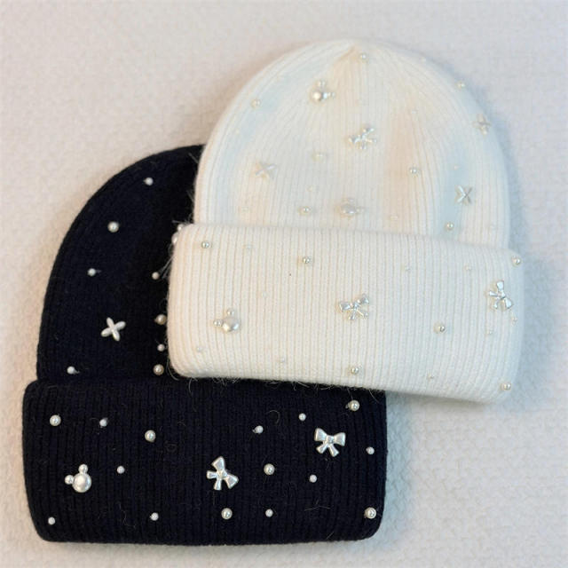 Wholesale Women’s Pearl Bow Knit Beanie Hat – Elegant Winter Warm Cap