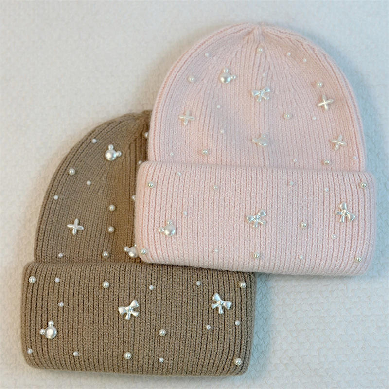 Wholesale Women’s Pearl Bow Knit Beanie Hat – Elegant Winter Warm Cap