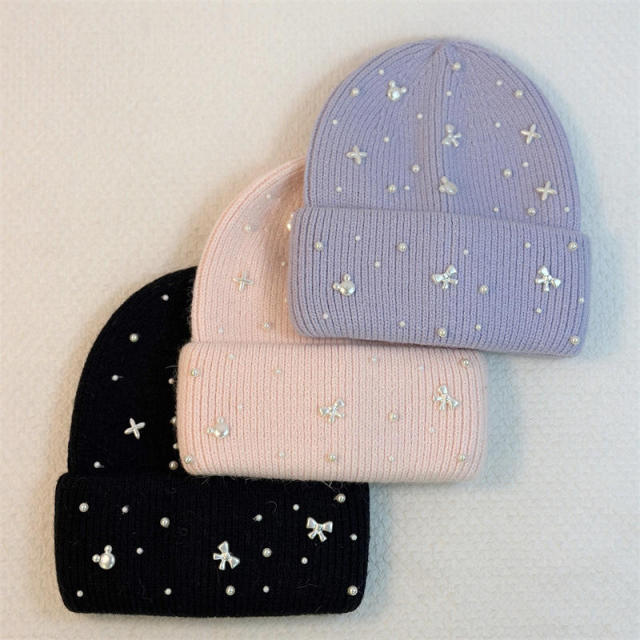Wholesale Women’s Pearl Bow Knit Beanie Hat – Elegant Winter Warm Cap