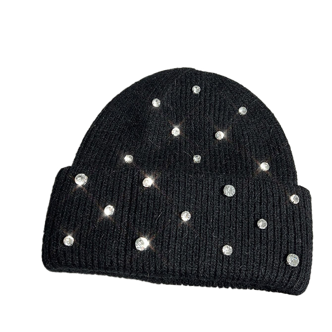 Wholesale Women’s Pearl-Embellished Knit Beanie – Soft Gray Winter Hat with Rhinestones