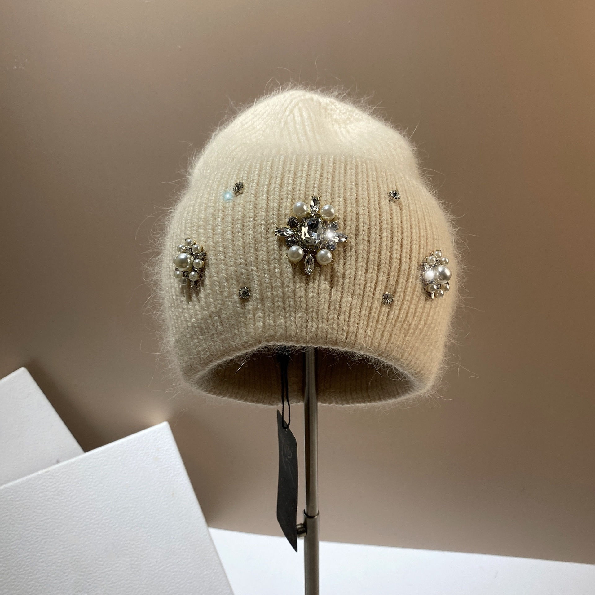 Factory Direct Women’s Pearl & Rhinestone Embellished Mint Green Knit Beanie – Luxury Winter Hat