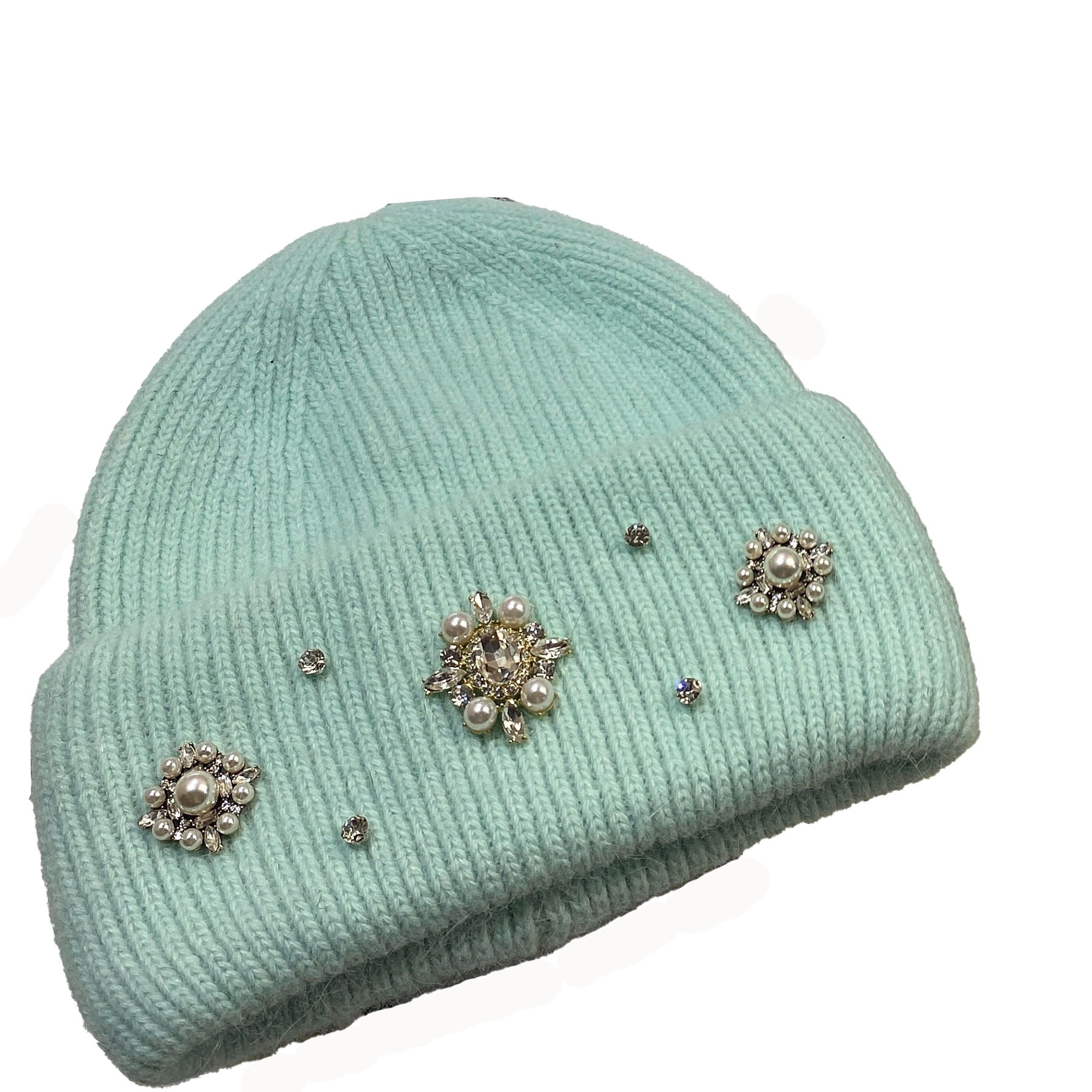 Factory Direct Women’s Pearl & Rhinestone Embellished Mint Green Knit Beanie – Luxury Winter Hat