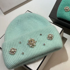 Factory Direct Women’s Pearl & Rhinestone Embellished Mint Green Knit Beanie – Luxury Winter Hat