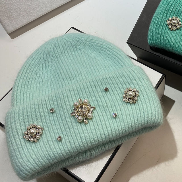Factory Direct Women’s Pearl & Rhinestone Embellished Mint Green Knit Beanie – Luxury Winter Hat