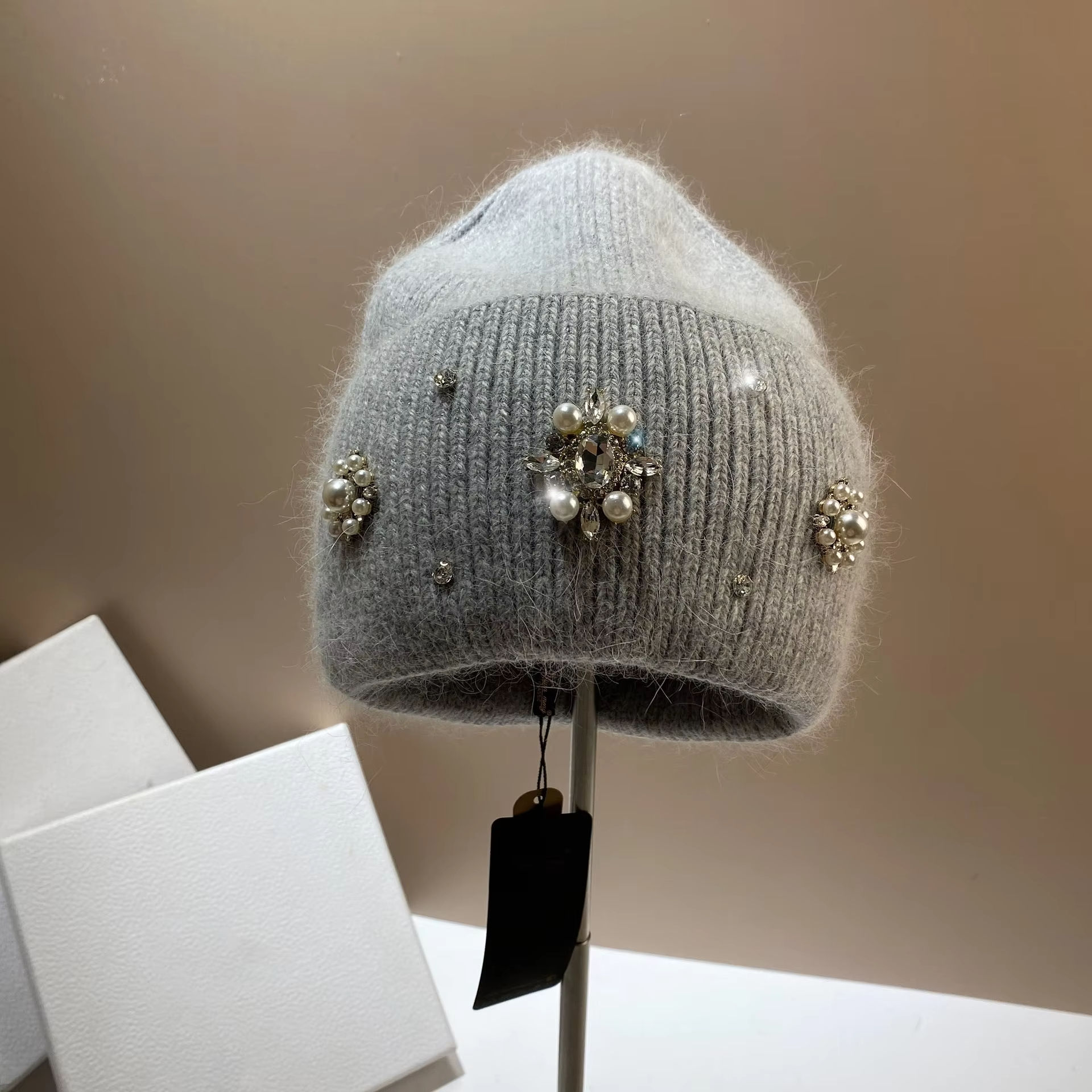 Factory Direct Women’s Pearl & Rhinestone Embellished Mint Green Knit Beanie – Luxury Winter Hat