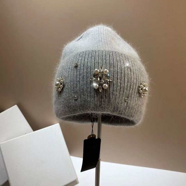 Factory Direct Women’s Pearl & Rhinestone Embellished Mint Green Knit Beanie – Luxury Winter Hat