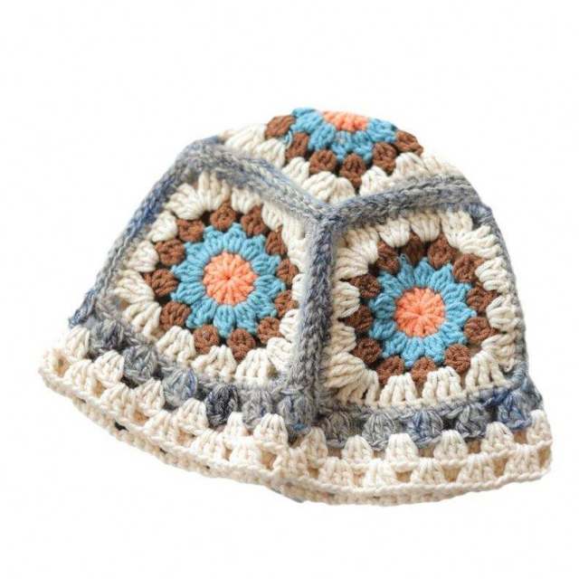 OEM ODM Bohemian Crochet Granny Square Beanie – Colorful Handmade Winter Hat