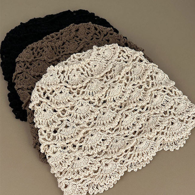 OEM ODM Women’s Crochet Lace Beanie – Handmade Boho Hat in Black, Brown, and Beige