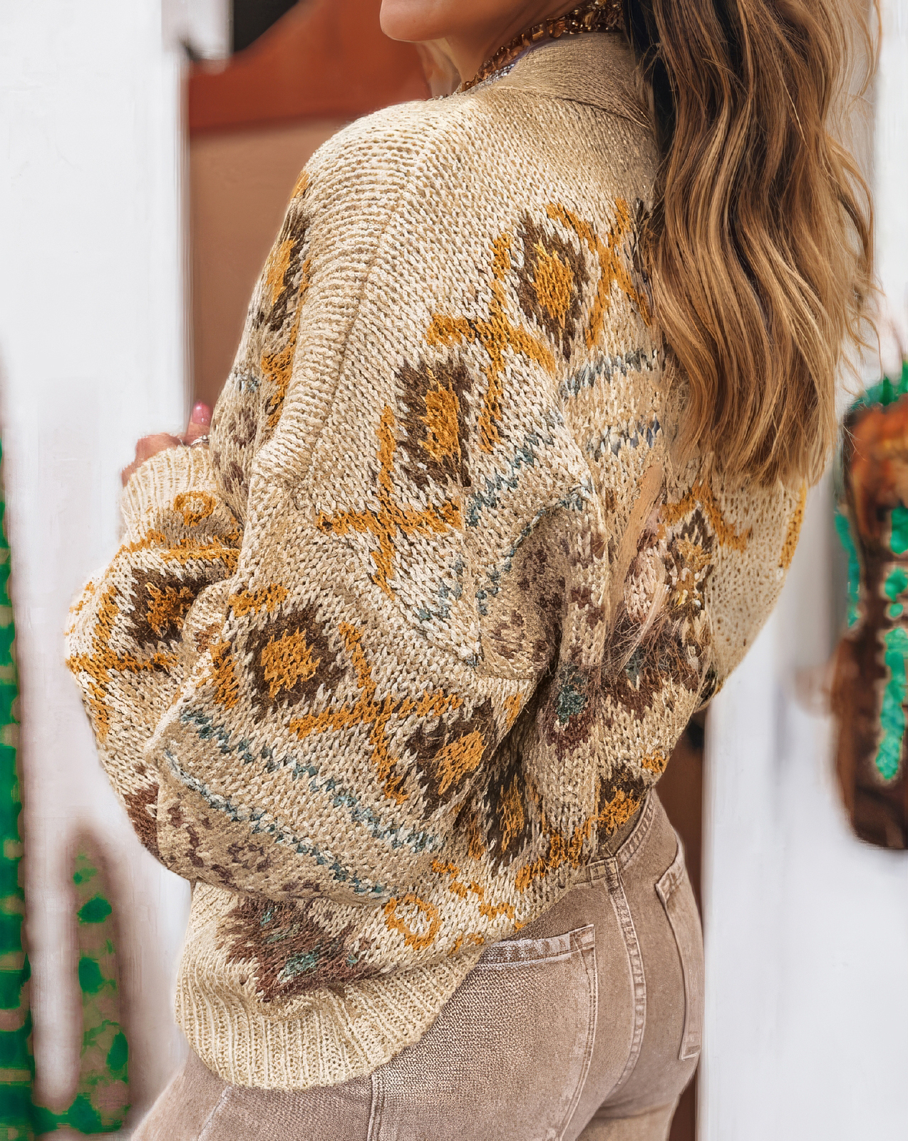 Factory Direct Women’ s Vintage Bohemian Knit Cardigan Sweater – Beige & Mustard Fair Isle Pattern