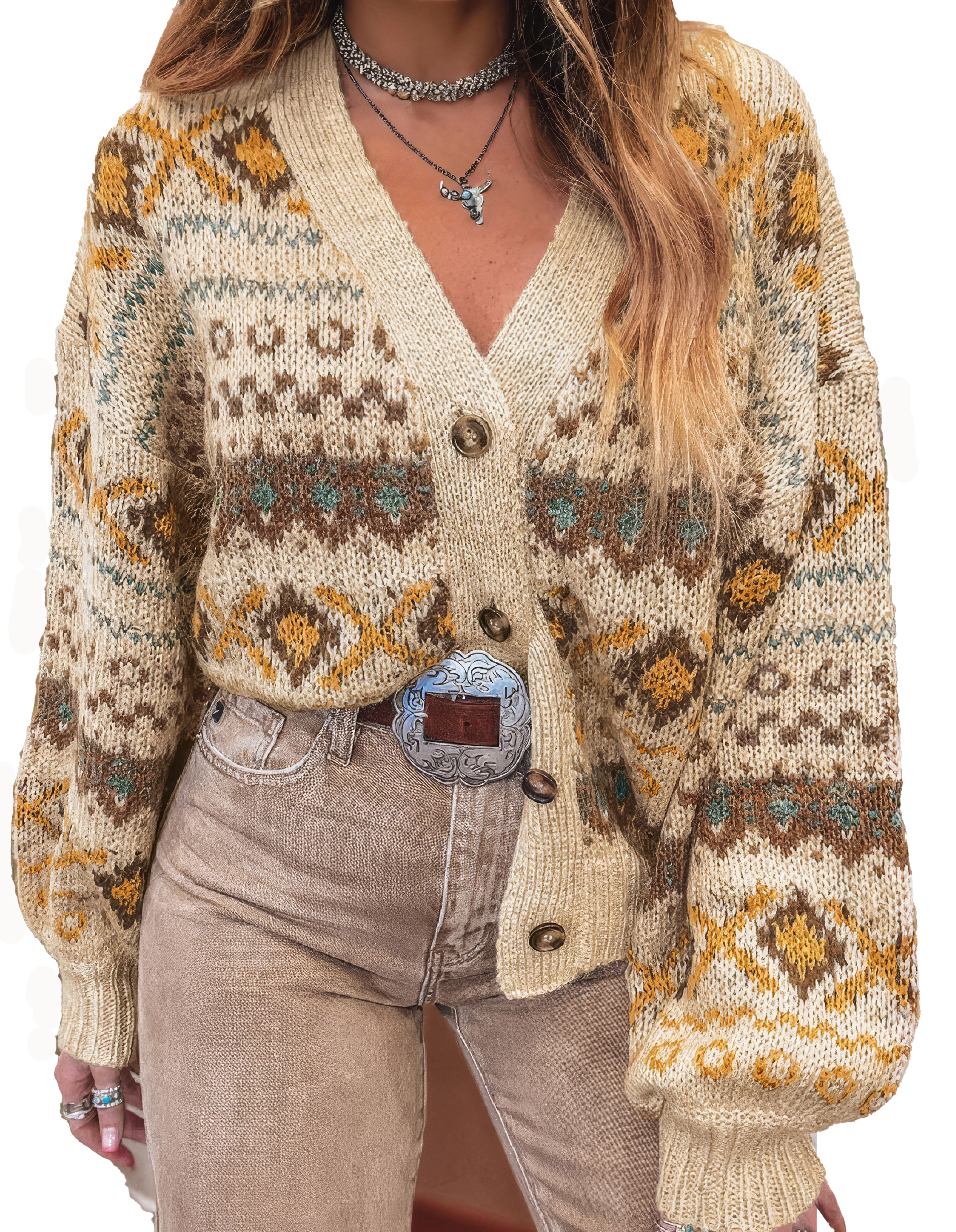 Factory Direct Women’ s Vintage Bohemian Knit Cardigan Sweater – Beige & Mustard Fair Isle Pattern
