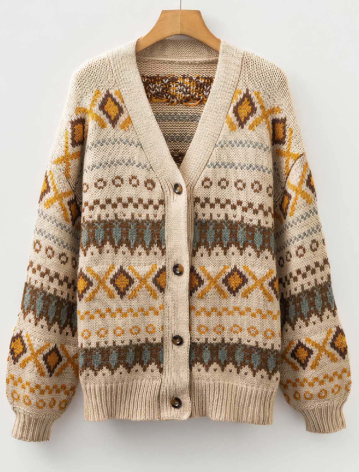 Factory Direct Women’ s Vintage Bohemian Knit Cardigan Sweater – Beige & Mustard Fair Isle Pattern